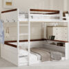 Queen Size Wooden Bunk Bed with Built-in Shelves,Storage Box,LED Light and USB Charging Station,White(ETA:6/30)