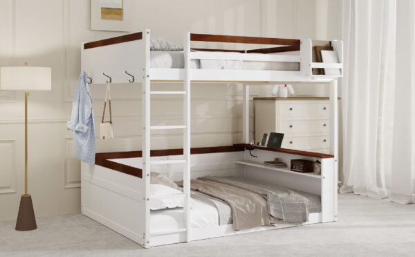 Queen Size Wooden Bunk Bed with Built-in Shelves,Storage Box,LED Light and USB Charging Station,White(ETA:6/30)