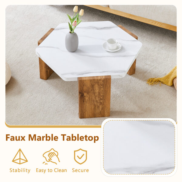 31-inch white marble-textured pentagonal coffee table - wooden triangular base, with a load-bearing capacity of 250 pounds, sturdy and durable, suitable for use in living rooms, cafes,.W1151138529