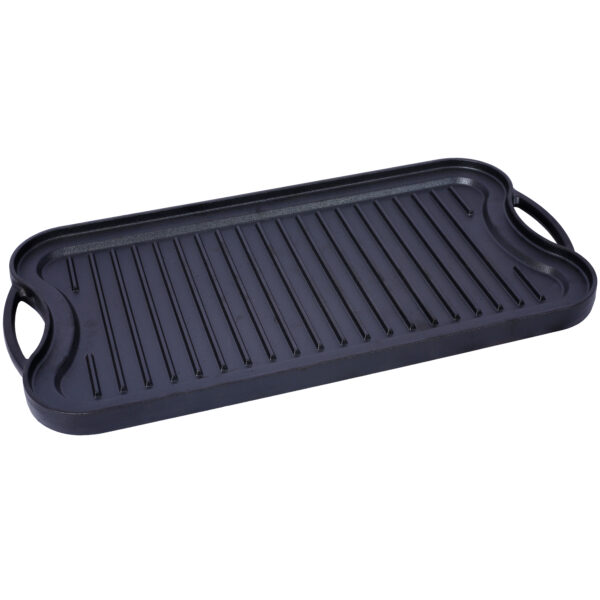 6a4b6c98481341fd9c95f0c42d64518a_8231001fe0aaa05c76c5cca8d76696e8 Pre-Seasoned Cast Iron Reversible Rectangular Grill/Griddle, Black,20inch x 10inch