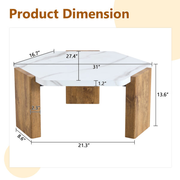 31-inch white marble-textured pentagonal coffee table - wooden triangular base, with a load-bearing capacity of 250 pounds, sturdy and durable, suitable for use in living rooms, cafes,.W1151138529