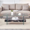 43.3 Inch Modern Two-Tier Coffee Table - An Elegant Combination of Clear Glass and Black Marble Pattern.It can be used not only as a coffee table but also as a side table or display stand.