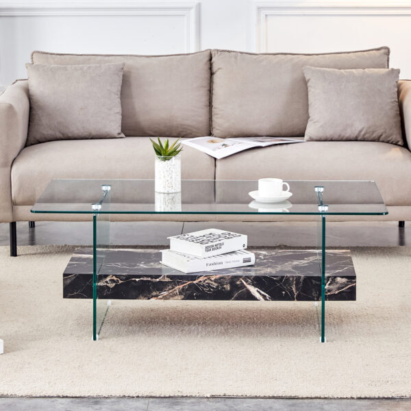 6ac569aa04b44c6caa3b720cc14dcefb_cdcbd92d0bfe603227b721b600d4a409 43.3 Inch Modern Two-Tier Coffee Table - An Elegant Combination of Clear Glass and Black Marble Pattern.It can be used not only as a coffee table but also as a side table or display stand.