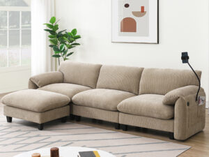 [VIDEO Provided] 108" Modular Sectional Sofa, L-Shape with 31.5" Extra-Wide Seat Cushion, USB and Type-C Charger, Phone Holder and 2 Side Storage Pockets, Free Movement Ottoman, Striped Chenille