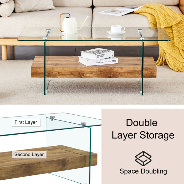 6b6535ff264849d5acb9c70aa2673bf3_9cb34444f2d55854bdcf39808b409497 43.3 Inch Modern Two-Tier Coffee Table - An Elegant Combination of Clear Glass and Light Wood Texture Sticker.It can be used not only as a coffee table but also as a side table or display stand.