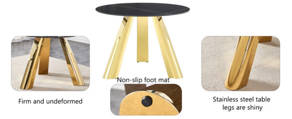 6be96e2e762742f688223c438643311d_5be9980be39e2d0c654ac868e4db50c9 The 42-inch stainless steel gold-plated flamed granite round table with seating for 4 or 6 people is perfect for dining, entertaining, or as a conference table