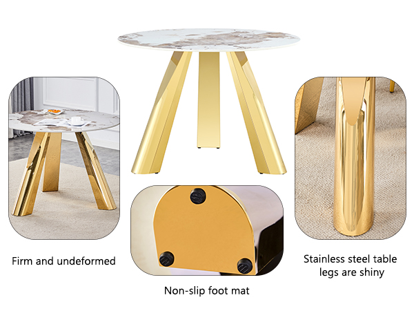 6c0e44b376a5436e9457b74108dc74d1_9ebdcdfda05d2821717581dc7414f718 A 42-inch stainless steel white pattern burning stone round table with gold legs Round table suitable for 2, 4 or 6 people