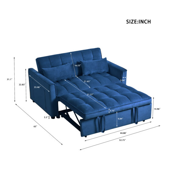 3 in 1 Convertible Sleeper Sofa Bed, Modern Pull Out Couch Bed, Adjustable Backrest, Velvet Loveseat Futon Sofa with Pillows & Pockets for Living Room Apartment, Blue