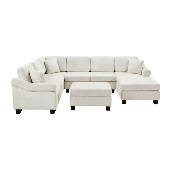 Sectional Sofa 111.8" U-shaped Sofa Chenille Upholstered Sofa Couch with Movable Storage Ottoman for Living Room, White
