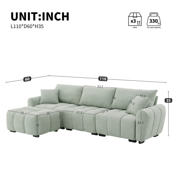 [VIDEO] 110" Modular Sectional Sofa, L Shape with Extra-large Seat, Pull-line Design, Movable Ottoman, High Density Foam, Free Combination, Sturdy Metal&Wood Frame, Boucle Fabric, 3 Colors