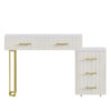 Velvet Upholstered Vanity Desk with Chair, Vanity Set with 5 Big Drawers, Makeup Table with Padded Chair, Marble-Look Sticker Top Dressing Table with Left/Right Adjustable Storage, Beige