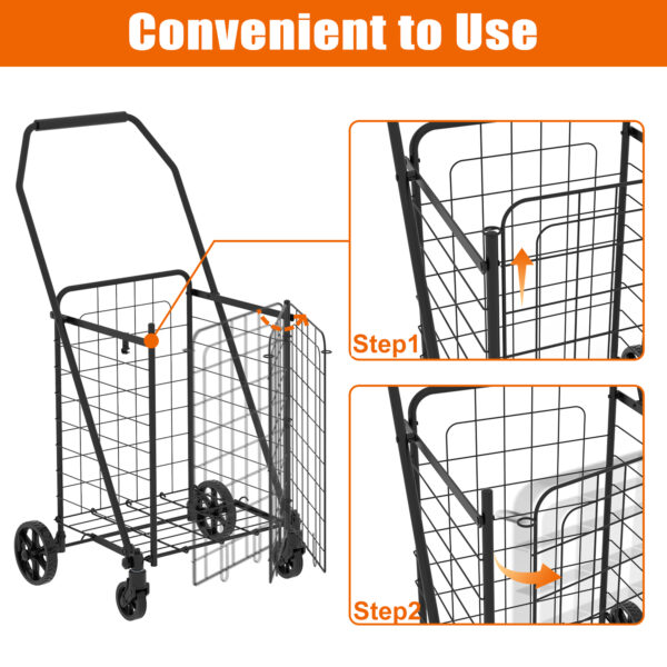Shopping Cart with open door,Grocery Cart on Wheels, Foldable Utility Shopping Carts with Double Basket and 360° Rolling Swivel Wheels for Groceries Laundry