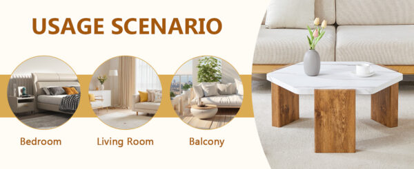 31-inch white marble-textured pentagonal coffee table - wooden triangular base, with a load-bearing capacity of 250 pounds, sturdy and durable, suitable for use in living rooms, cafes,.W1151138529