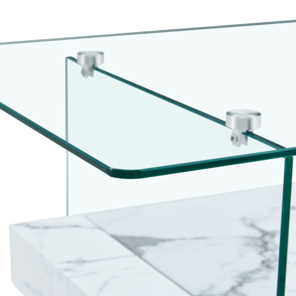 6f2acd22a7ca4579bafc00083c7bba77_1d1ad97ec09001154ec06ad111f66f33 43.3 Inch Modern Two-Tier Coffee Table - An Elegant Combination of Clear Glass and White Marble Pattern.It can be used not only as a coffee table but also as a side table or display stand.