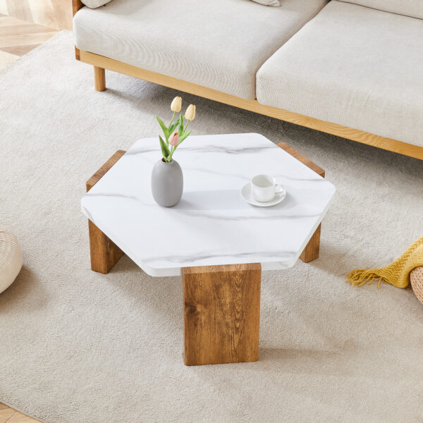 31-inch white marble-textured pentagonal coffee table - wooden triangular base, with a load-bearing capacity of 250 pounds, sturdy and durable, suitable for use in living rooms, cafes,.W1151138529