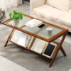 Rattan Coffee Tables for Living Room, Mid Century Modern Coffee Table with Glass Top, Large Boho Center Table with Storage, Brown