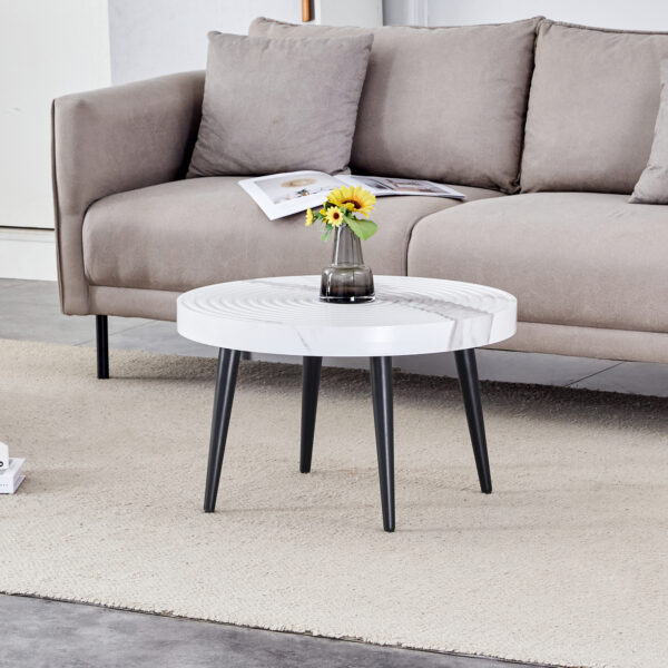 71e1a5abc46447fb88d991e2b3fc81cc_48fcea3937f1d61ed223a04190d2b03b Elegant White Marble Pattern Round Coffee Table - Diameter 23.6 Inches, Exquisite Suction Molding Process,White Marble Pattern Design,Black Sprayed Metal Leg.