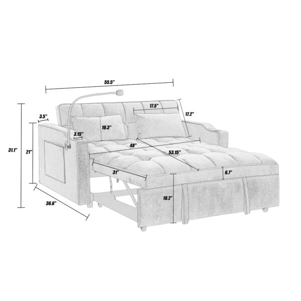 55.51 inch versatile foldable sofa bed in 3 lengths, modern sofa sofa sofa velvet pull-out bed, adjustable back and with USB port and ashtray and swivel phone stand (Grey)