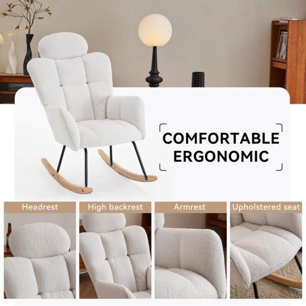 055-Teddy Fabric Upholstered Nursery Rocking Glider Chair Modern Accent Armchair Padded Seat with High Backrest and Pillow for Living Room Bedroom (Ivory)