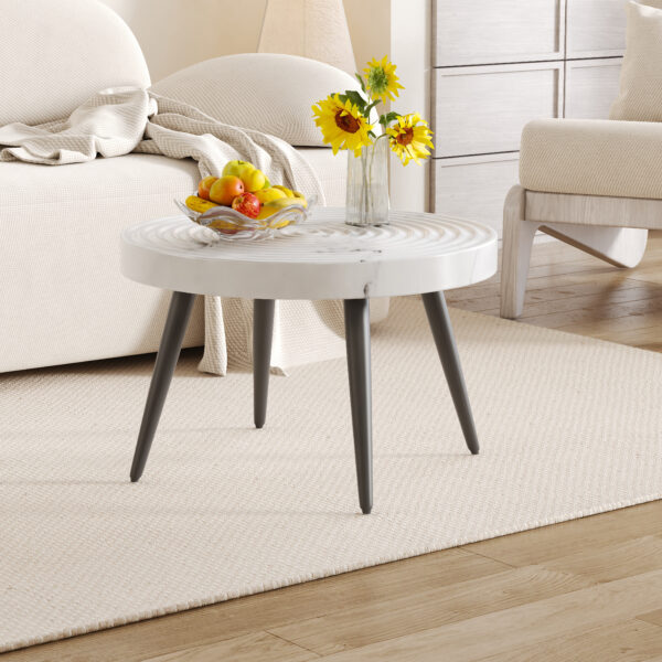 727a17513bdb490f8df2a9c79fb0e0d3_f061770f1b73df347c618d6f542e3424 Elegant White Marble Pattern Round Coffee Table - Diameter 23.6 Inches, Exquisite Suction Molding Process,White Marble Pattern Design,Black Sprayed Metal Leg.