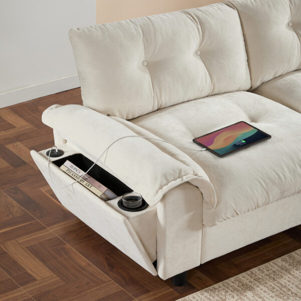 [VIDEO]104*60" Sectional Sofa, L-Shape with Multifunctional Armrest, Dual-Port Charging, Cup Holder, Side Storage Pockets, Movable Storage Ottoman, Unique Tufted Design, Soft Cushion, Chenille,3colors