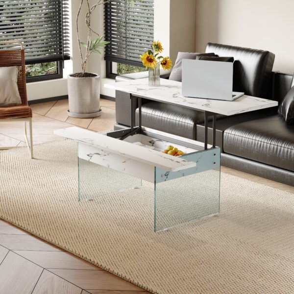 72d27f251c2a4e738947fabfdbd2b81c_ee3ef479e90f642e11fa47168105dc29 Multifunctional Lift Top Coffee Table -White Marble Pattern, Essential for Modern Homes.Tempered Glass Legs,Multiple Color Options,Lift Top Feature.Perfectly Fitting Into Both Living Rooms And Office.