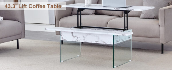 72da5d9e274a438099cde6fb8a0fbcd8_6ef09cfe988c40ab372987446905f731 Multifunctional Lift Top Coffee Table -White Marble Pattern, Essential for Modern Homes.Tempered Glass Legs,Multiple Color Options,Lift Top Feature.Perfectly Fitting Into Both Living Rooms And Office.
