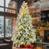 7.5FT Pre-Lit Spruce Snow Flocked Christmas Tree, Artificial Hinged Xmas Tree with 350 Multi-Color LED Lights, 8 Flashing Modes &1389 Snow Branch Tips, Holiday Office Home Décor