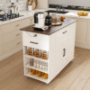 46" Kitchen Island on Wheels with Storage & Power Outlet - Movable Rustic Breakfast Bar Table, Wood Top with Adjustable Shelf & Drawer for Kitchen Dining Living Room, White