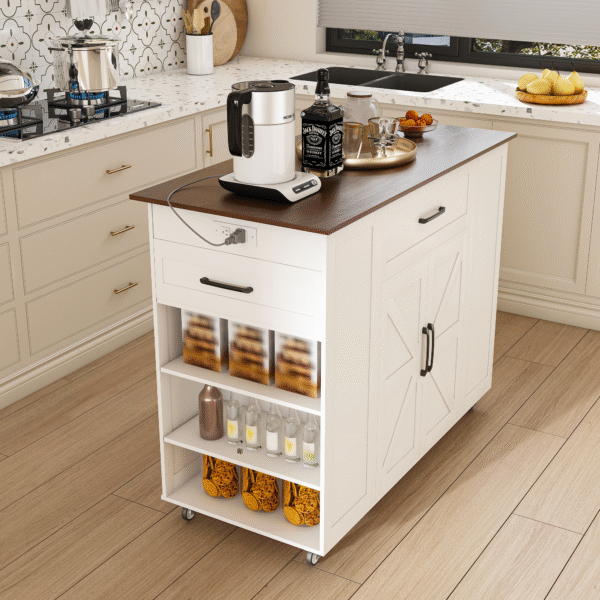 752527ba6ac345759d7f0d2635f9ae0d_aac65db0e41921208834b4e7f43d3984 46" Kitchen Island on Wheels with Storage & Power Outlet - Movable Rustic Breakfast Bar Table, Wood Top with Adjustable Shelf & Drawer for Kitchen Dining Living Room, White