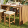 5 Piece Outdoor Bar Set, Patio Acacia Wood Bar Height Table & Four Stools with Cushions, Wood Dining Bar Set for Backyard, Poolside, Balcony, Beige