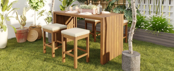 5 Piece Outdoor Bar Set, Patio Acacia Wood Bar Height Table & Four Stools with Cushions, Wood Dining Bar Set for Backyard, Poolside, Balcony, Beige