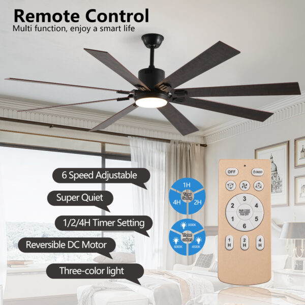 72" Walnut LED Ceiling Fan Light with 8 Wooden Blades, Remote Control, Adjustable Color Temperature for Living Room, Bedroom, or Dining Room (Silent/6-Speed/Reversible/DC Motor)