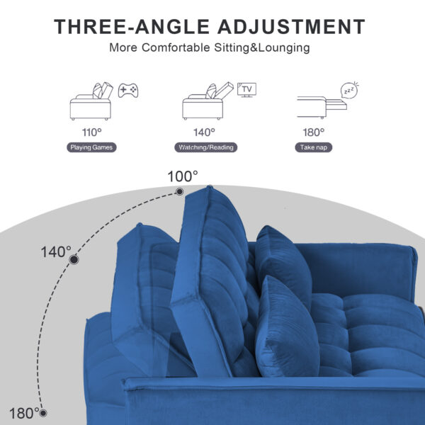 3 in 1 Convertible Sleeper Sofa Bed, Modern Pull Out Couch Bed, Adjustable Backrest, Velvet Loveseat Futon Sofa with Pillows & Pockets for Living Room Apartment, Blue