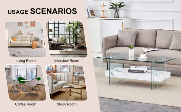75fda2e602504cf7981c4a9a5e6d725e_9c7c38b80a9d6f2164bfd48aabe1da2c 43.3 Inch Modern Two-Tier Coffee Table - An Elegant Combination of Clear Glass and White Marble Pattern.It can be used not only as a coffee table but also as a side table or display stand.