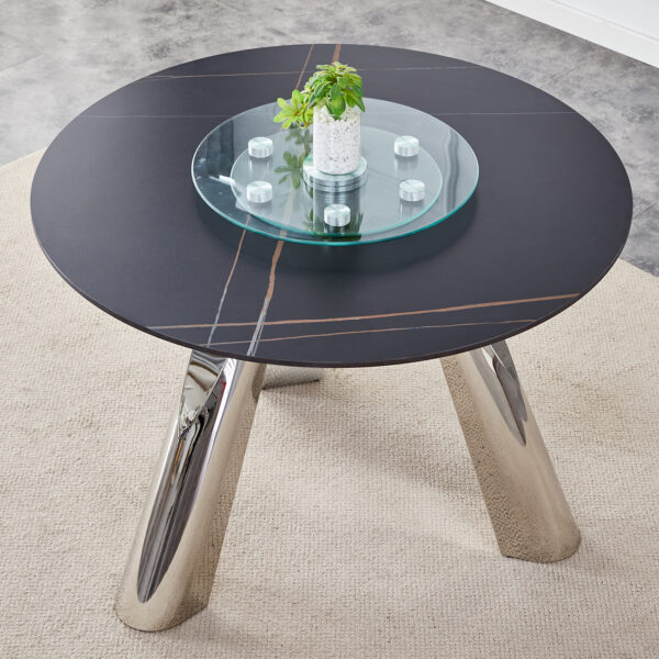 7605e79c4a984654a964b97a466677b5_b3a5b4a82efe62af1329452f2dd55378 A 42-inch burn stone round table with stainless steel legs can accommodate 4 or 6 diners