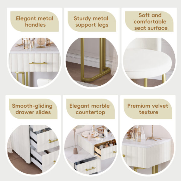 Velvet Upholstered Vanity Desk with Chair, Vanity Set with 5 Big Drawers, Makeup Table with Padded Chair, Marble-Look Sticker Top Dressing Table with Left/Right Adjustable Storage, Beige