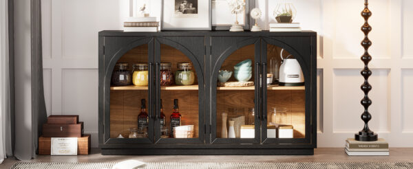 TREXM 4-Door Large Storage Sideboard Buffet Cabinet with Glass Doors, Arched Cabinet with Adjustable Shelves for Kitchen, Dining Room and Living Room (Black)