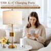 Bedside Table Golden Lamp For Living Room With USB Ports, Set Of 2 With Touch Control, Modern Nightstand White Drum Lamp Shade Bedrooms Home Office Light Decor (2700K LED Bulb Included)