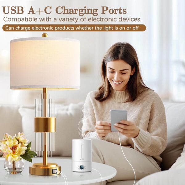 7673b2b602ce46a7be4f24ef56b7db97_758a5dcacecda4845075b7ca6c61aa28 Bedside Table Golden Lamp For Living Room With USB Ports, Set Of 2 With Touch Control, Modern Nightstand White Drum Lamp Shade Bedrooms Home Office Light Decor (2700K LED Bulb Included)