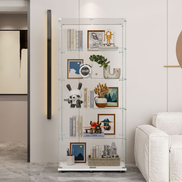 Tempered Glass Display Cabinet, Wine Cabinet, Storage Cabinet, File Cabinet with Bluetooth LED Light Strips, Lock on Door, Tempered Glass Top, Casters at Bottom for Easy Movement, Color: white