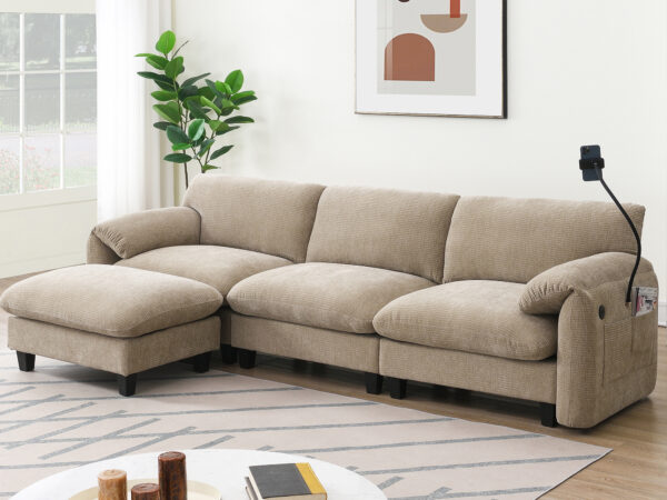[VIDEO Provided] 108" Modular Sectional Sofa, L-Shape with 31.5" Extra-Wide Seat Cushion, USB and Type-C Charger, Phone Holder and 2 Side Storage Pockets, Free Movement Ottoman, Striped Chenille
