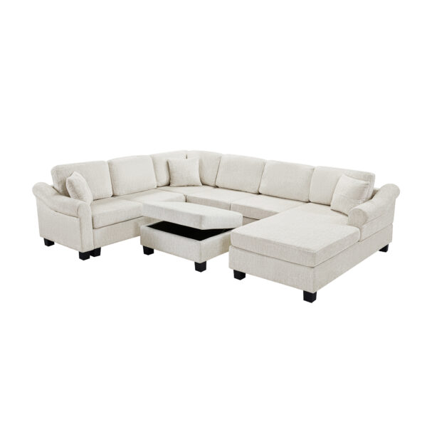 Sectional Sofa 111.8" U-shaped Sofa Chenille Upholstered Sofa Couch with Movable Storage Ottoman for Living Room, White