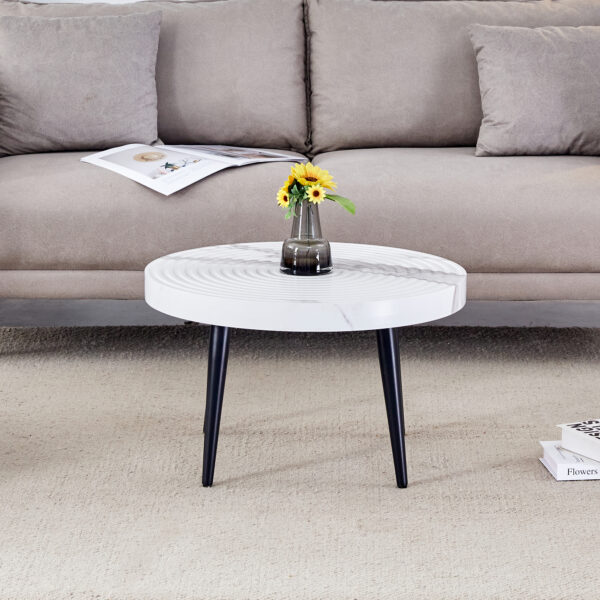 77c4bf5b993b47a282d23209532eeaa1_0135cbda73e4845e666e26bbcf2ed4ff Elegant White Marble Pattern Round Coffee Table - Diameter 23.6 Inches, Exquisite Suction Molding Process,White Marble Pattern Design,Black Sprayed Metal Leg.