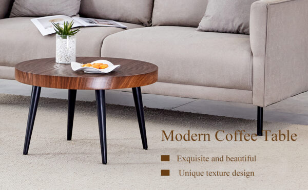 7828baf35b3b4056b0c33df92ae775c8_bc59cca1d43e7b654a6e2e39d189542e Modern Round Coffee Table - Annular Texture, Durable and Robust With a Diameter of 23.6 inches.Exquisite Suction Molding Process,Walnut Color Pattern Design,Black Sprayed Metal Leg.