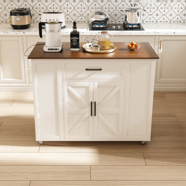 7886af9fc6cf4872bc345d6e4aeebde4_89ea1526298758f4a2ad1ecec1fd05a8 46" Kitchen Island on Wheels with Storage & Power Outlet - Movable Rustic Breakfast Bar Table, Wood Top with Adjustable Shelf & Drawer for Kitchen Dining Living Room, White