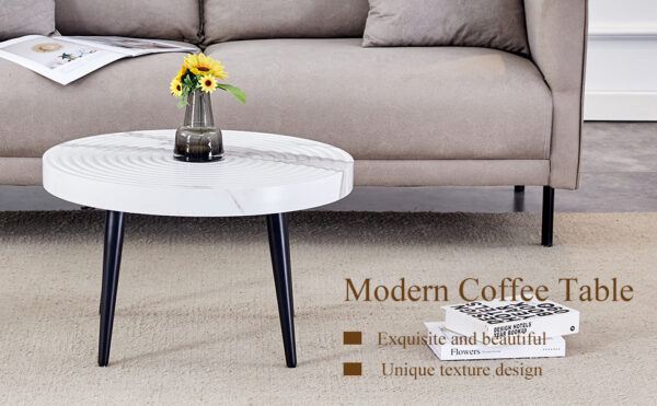 7892e15582fa4c24850de052328d5c7a_583a835e9ed5d590baa265f51f83c913 Elegant White Marble Pattern Round Coffee Table - Diameter 23.6 Inches, Exquisite Suction Molding Process,White Marble Pattern Design,Black Sprayed Metal Leg.