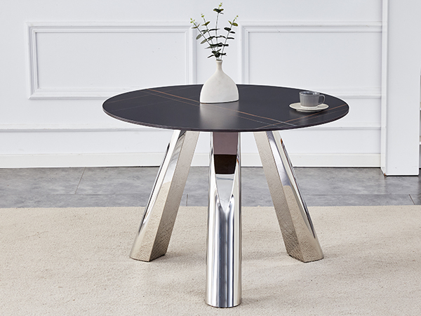 78989e25576b45169f77f5de99c9702a_b2e82bccf269e8c095517e585c9ea263 A 42-inch burn stone round table with stainless steel legs can accommodate 4 or 6 diners