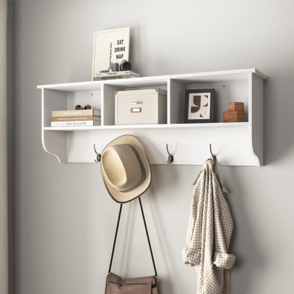 78b511dcd08b4283a93a8d027ff34fa6_6229377c97a1252994a4224ef7cf6343 White Entryway Wall Mounted Coat Rack with 4 Dual Hooks Living Room Wooden Storage Shelf