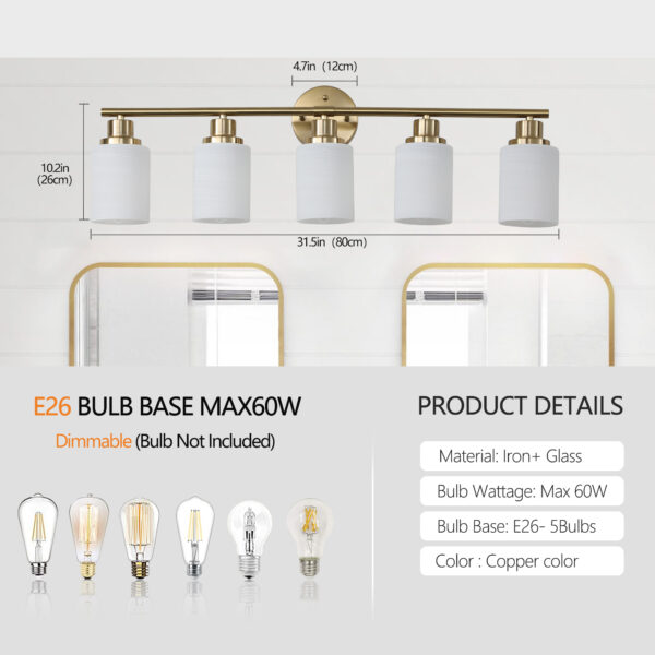 31" Modern 5-Light Vanity Wall Sconce, Golden Finish with Frosted Glass Shades for Bathroom or Hallway Lighting (No Bulbs)